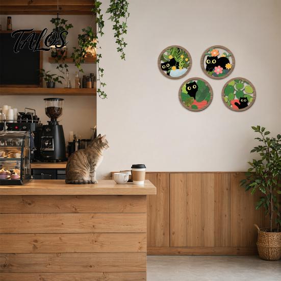 Green Plant Cat Wall Art 4Pcs/Set Plants Decorations, Farmhouse Cartoon Wooden Sign Kitten with Round Frame, Rustic for Living Room Decoration
