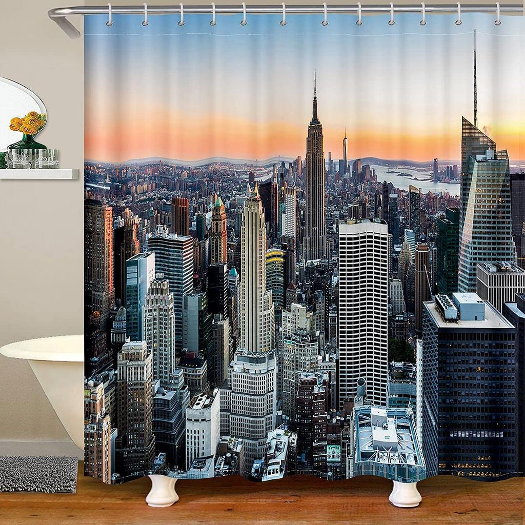 Cityscape Shower Curtain, Modern Skyscraper Skyline Famous Building Bathroom Curtain Waterproof Fabric Shower Curtain With Hooks