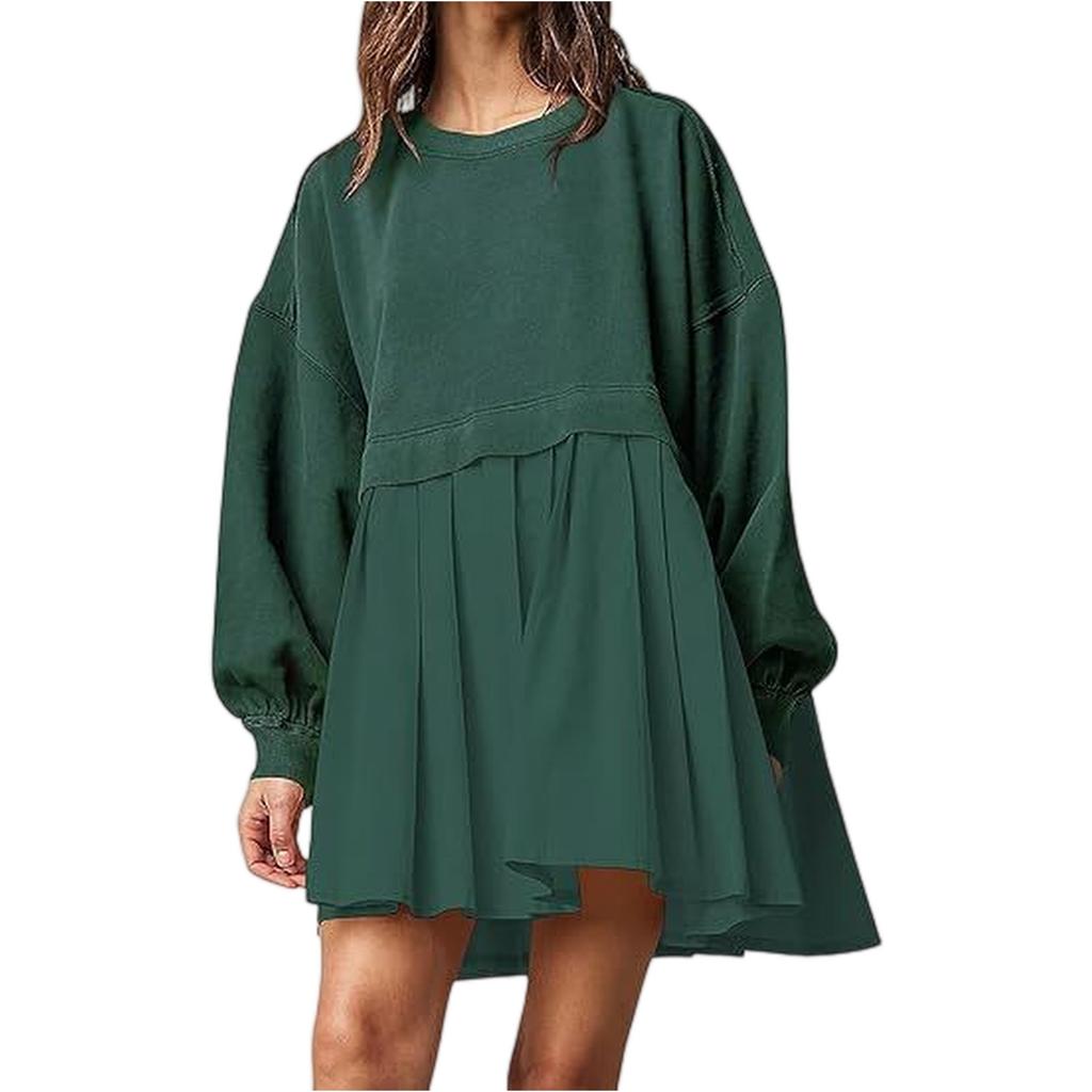 Women's Color Block Pleated Sweatshirt Dress Casual Loose Fit Two Piece