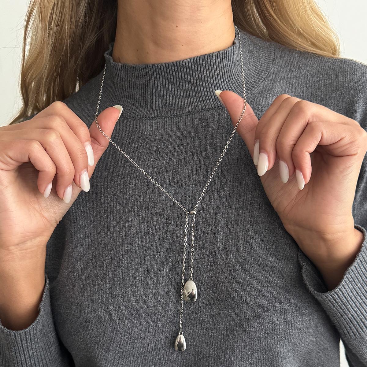 

SHIXIN Minimalist Titanium Steel Water Droplet Pendant Necklace Women Elegant Silver Color Long Sweater Chain Necklace Jewelry