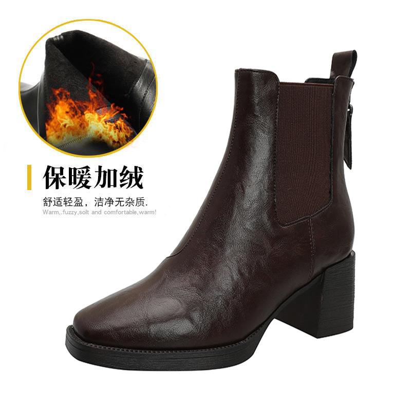 High-heeled Short Boots 2025 Winter New Thick-heeled Brown Boots Women's Medium Boots Fashion Square Head Elastic Women's Leather Boots