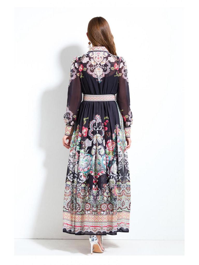 Original Design SS '25 Chiffon Blouse & Waist-Gathering Ruffle Long Dress Set with Collar Print, Long Sleeves.