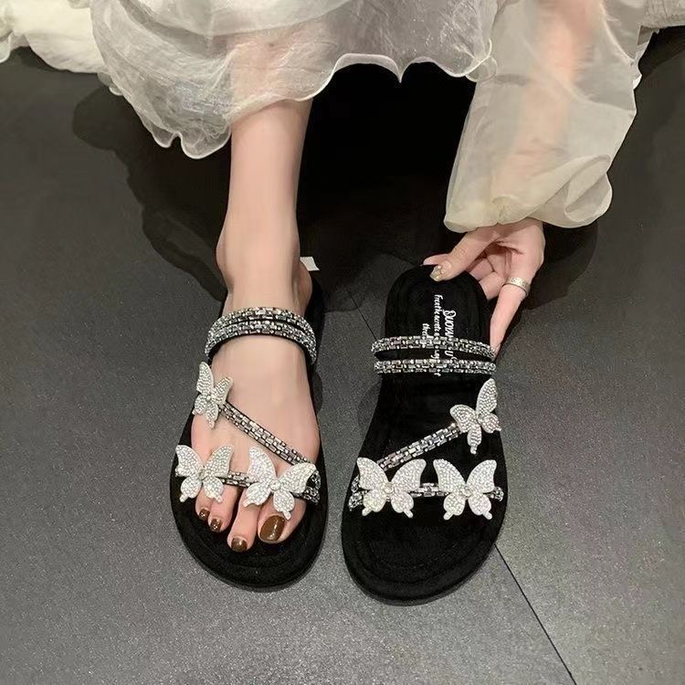 French One-word Slippers 2025 Summer Cool Wear Versatile Rhinestone Butterfly Comfortable Two Wear Flat Fairy Style Slippers