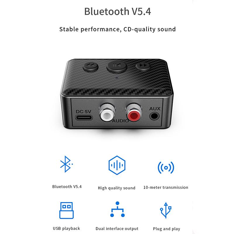 Bluetooth 5.4 Audio-Adapter Drahtloser Empfänger RCA 3,5 mm AUX USB Audio-Adapter mit Mikrofonunterstützung U-Disk-Wiedergabe Für Auto-Kit Lautsprecher