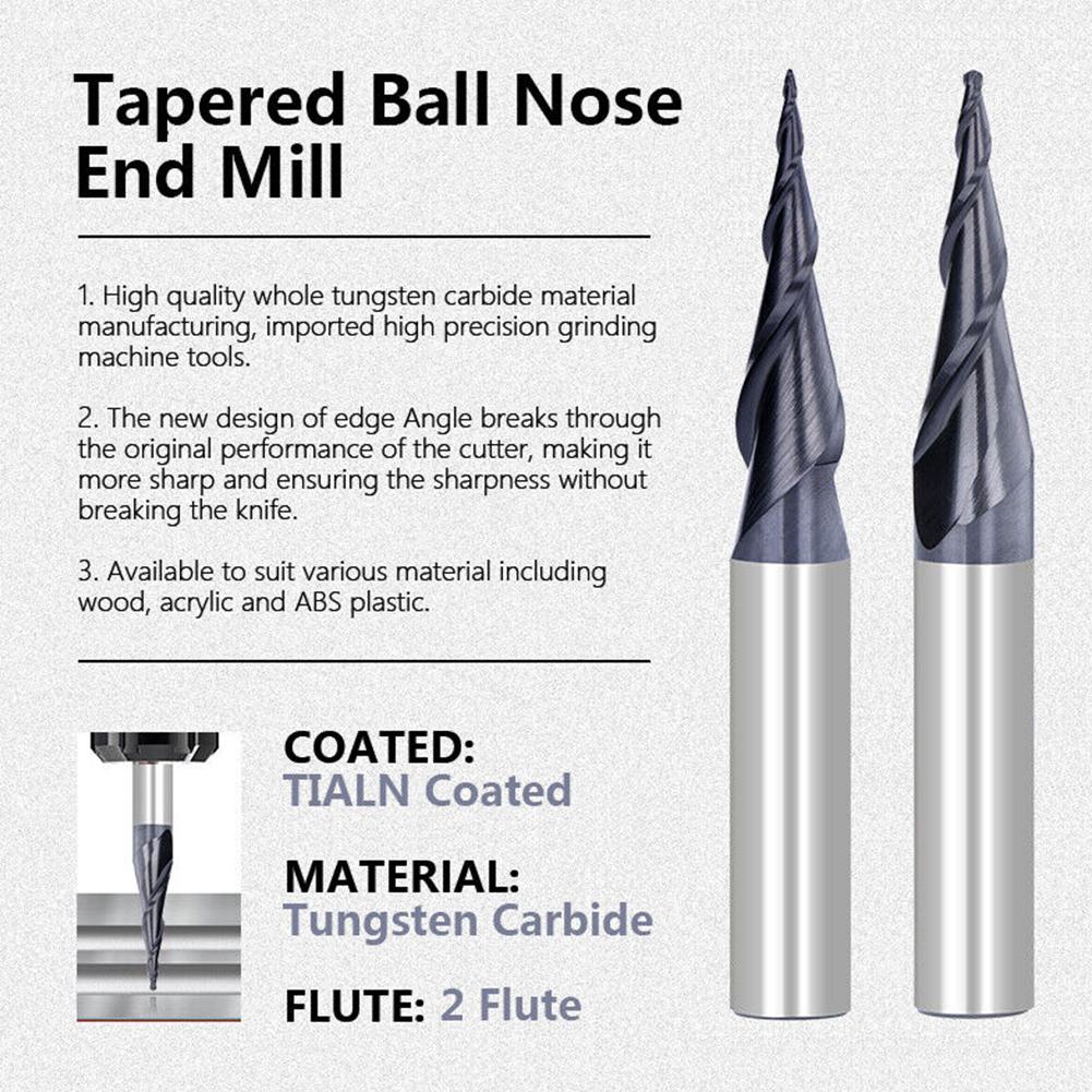 1pc Tapered Ball Nose End Mill 2Flute 1/4\" Shank Carbide End Mill Spiral Router Bit CNC Machine Tool Milling Cutter Drill Bits