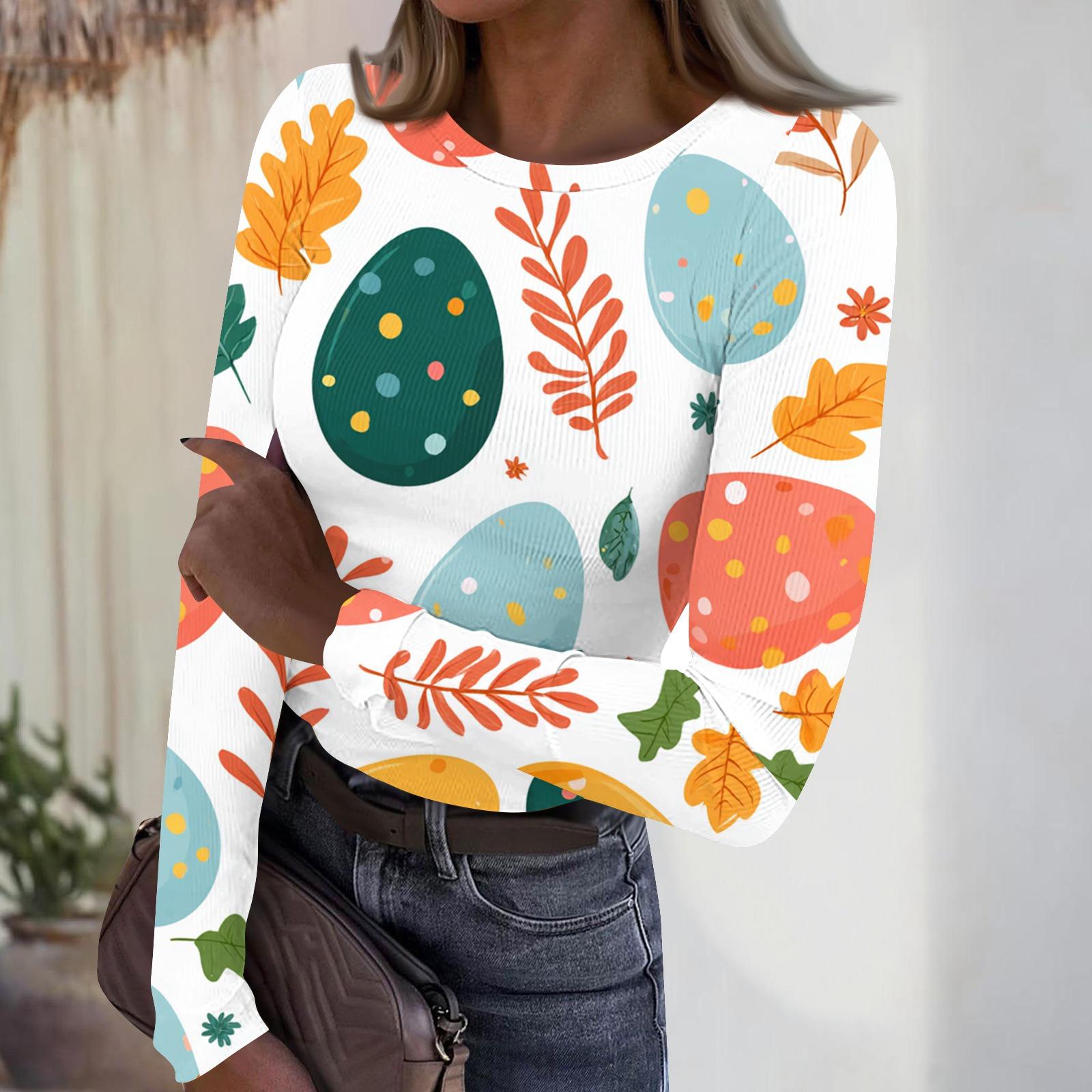 

Women s Casual Fashion Round Neck Easter Print Long Sleeve Strip Top XL білий