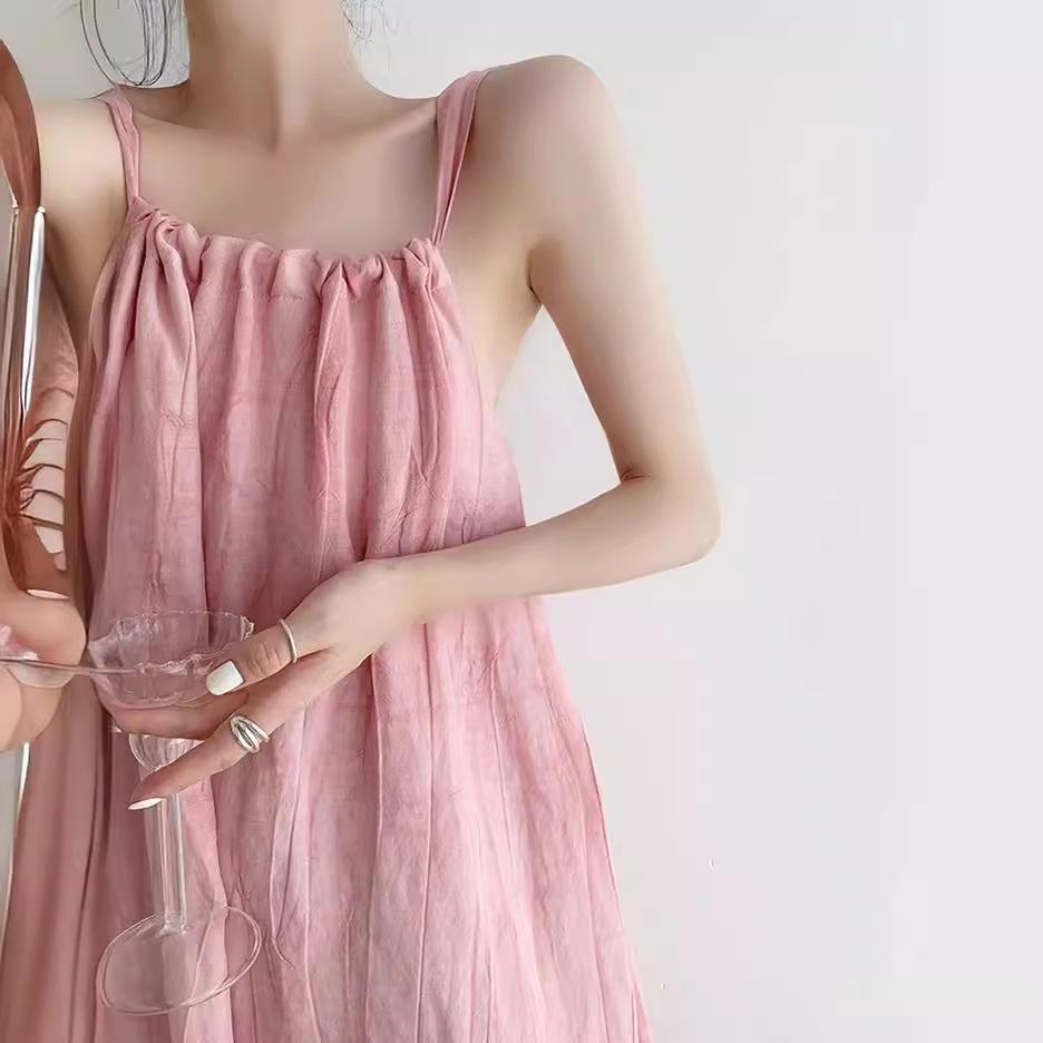 Dopamin-Pink Fleckenkleid Damen Sommer Show Dünnes Temperament Großer Schwingrock Ärmellos Strand langes Kleid Urlaub Trägerrock
