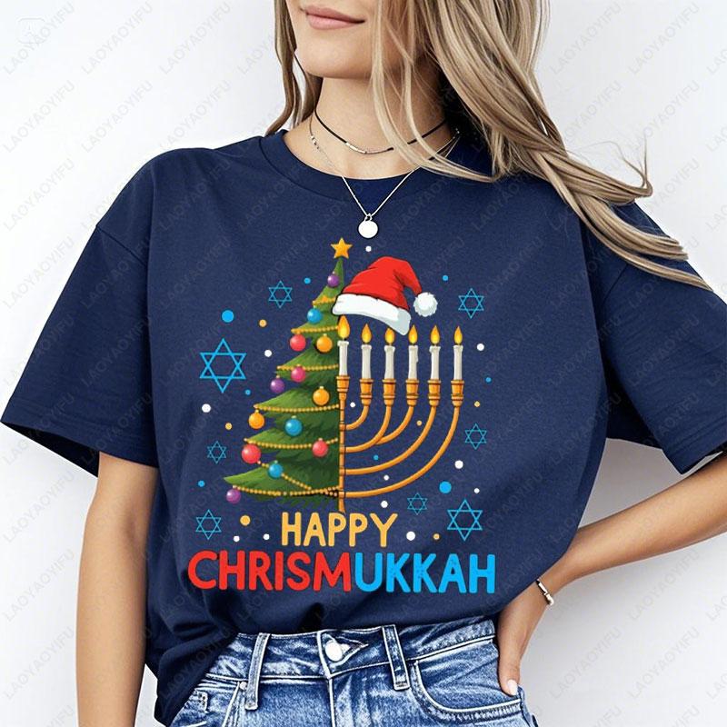 Happy Chrismukkah Tshirt Hanukkah Christmas Menorah Tree Tees Retro Fashion Xmas Casual Wear High Quality Men Woman Cotton Shirt