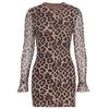 European and American Women's Clothing Leopard Print Crew Neck Long-sleeved Dress Elegant Mesh Short Hip Skirt High Sense