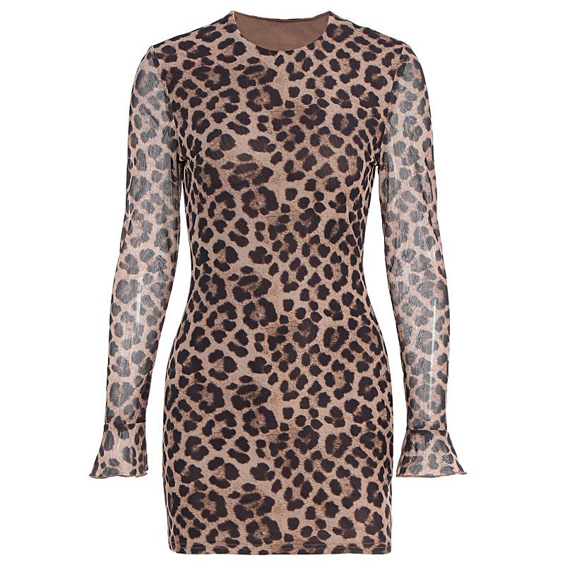 European and American Women's Clothing Leopard Print Crew Neck Long-sleeved Dress Elegant Mesh Short Hip Skirt High Sense