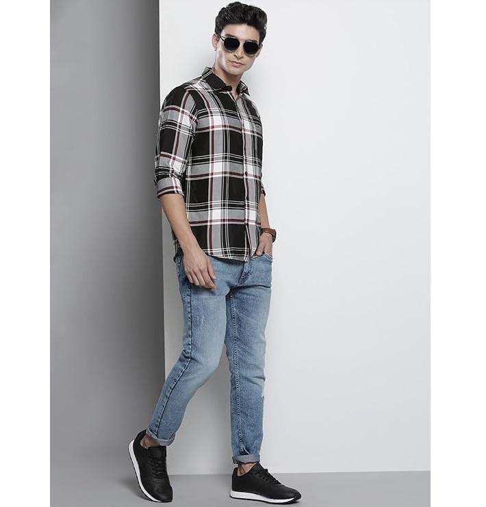 Men's Slim Fit Checkered Full Sleeves Spread Collar Premium Cotton Casual Shirt