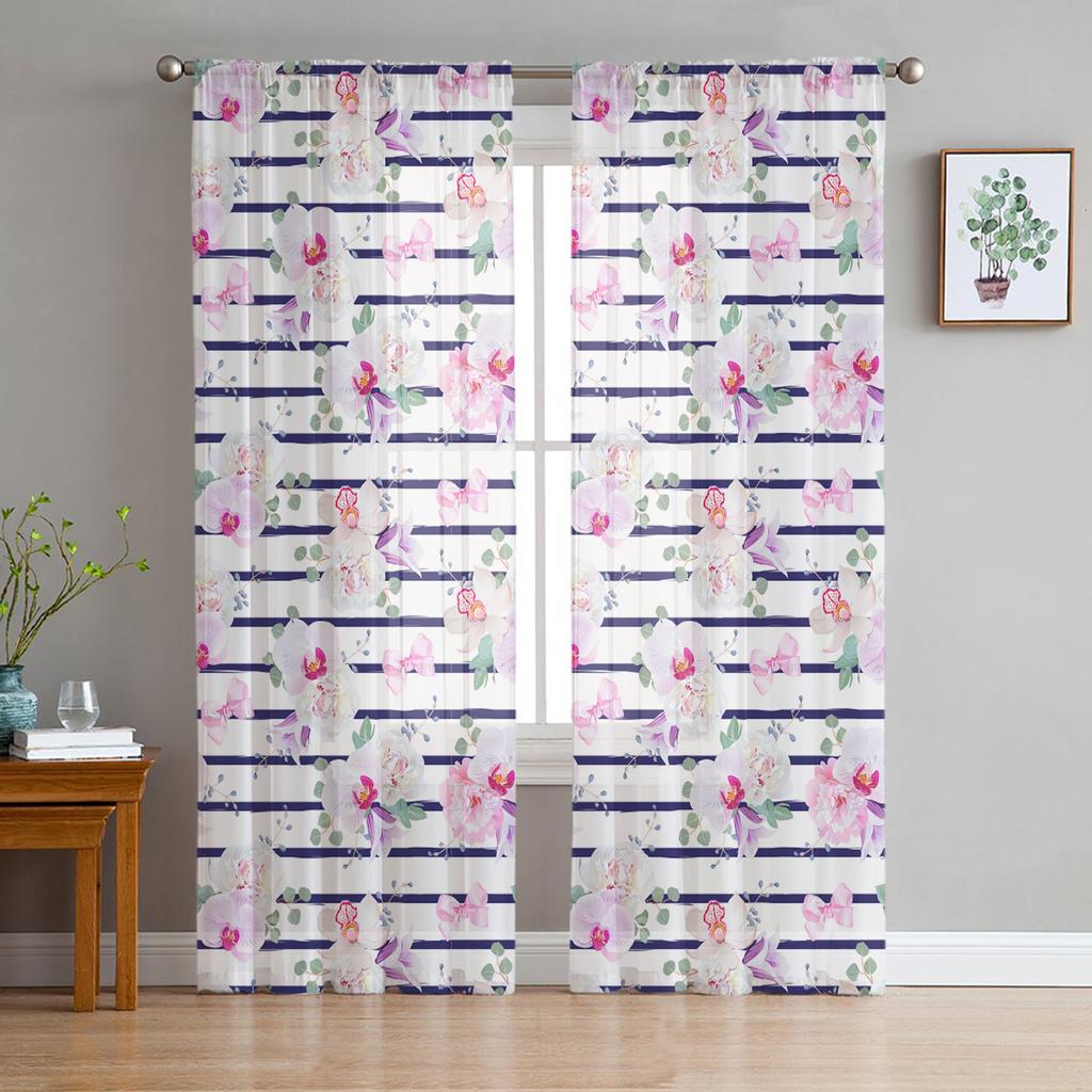 Modern Sheer Curtains Flower Orchid Watercolor Living Room Kitchen Children's Room Decoration Household Chiffon Window Curtains