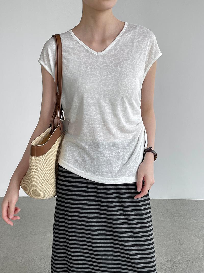 Taochuan [Keep it for yourself in this issue] Summer thin waist back design T-shirt women s V-neck drawstring top H99018 M
