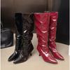 New Over-the-knee Boots Women Fashion Pointed Toe Black Side Zipper Thin High Heels Female Shiny Pleated High Heel Botas