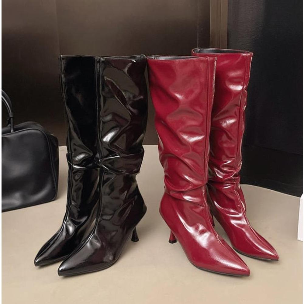 New Over-the-knee Boots Women Fashion Pointed Toe Black Side Zipper Thin High Heels Female Shiny Pleated High Heel Botas