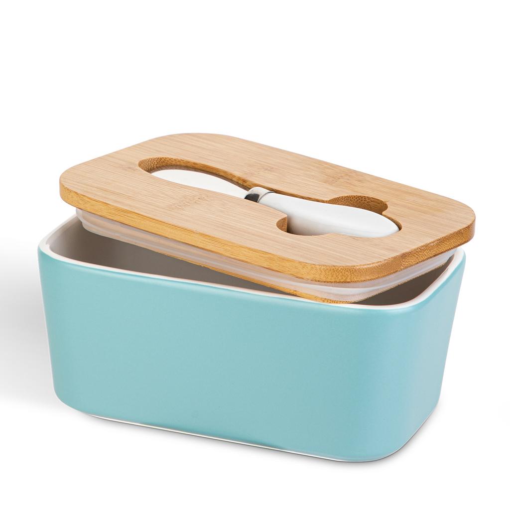 Bambusdeckel mit Keramik-Butterstreicher Butterdose Küche Kühlschrank Aufbewahrung Vorratsdosen Aufbewahrung Frischhaltebox Haushaltsgeschirr