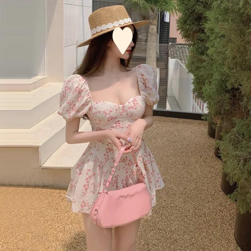 Floral dress women's bubble sleeves small fresh square neck short-sleeved skirt summer new temperament short skirt
