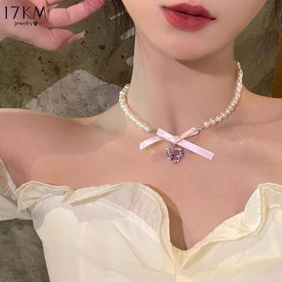 Pink Zircon Heart Bow Necklace Sweet Plastic Bead Chain Choker for Women Jewelry Accessories