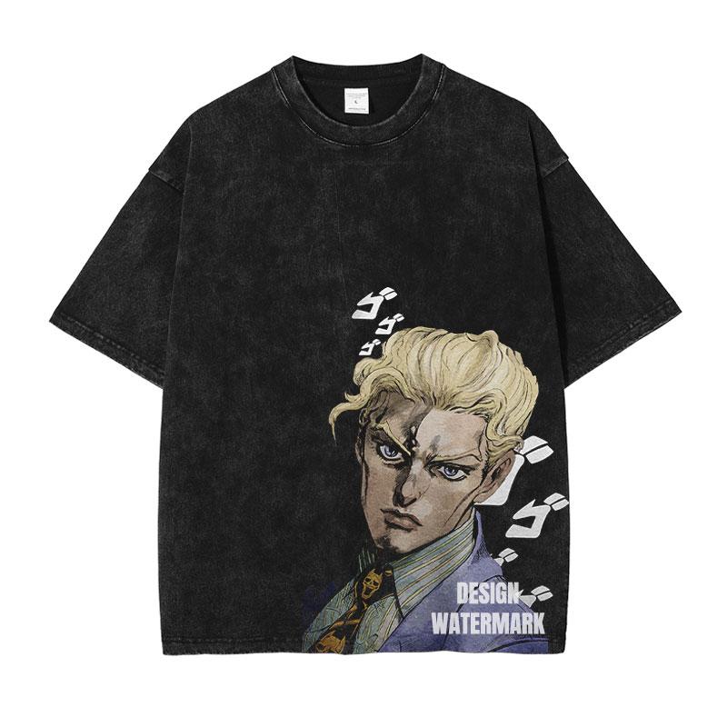 Hot Anime JoJos Bizarre Adventure Kira Yoshikage Giorno Giovanna Cool Print Tshirt Unisex Washed Cotton T Shirts Harajuku Tshirt