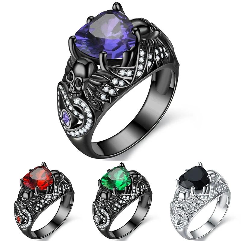 Women Gothic Skull Ring, Black CZ Crystal Inlaid, Retro Silver Plated Band, Dark Fashion Jewelry Gift for Party Wedding