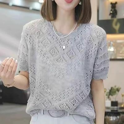Lente Zomer Haak en Bloem Hol Kort Gebreid Trui T-shirt voor Dames Ronde Hals Dun Los Topje