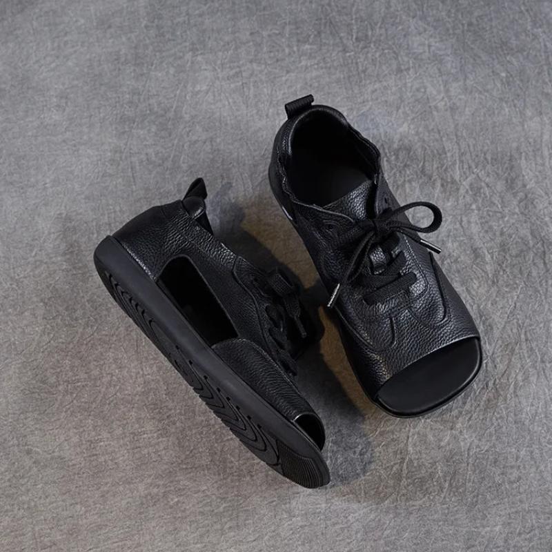 Johnature Sandalias Peep Toe de Cuero Genuino Retro de Suela Plana con Cordones Zapatos de Mujer de Suela Blanda