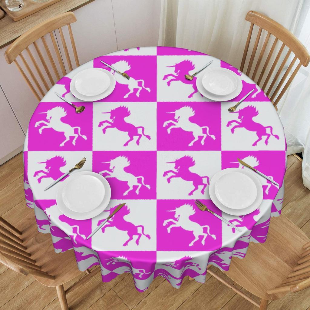 Round Waterproof Pink and White Checkerboard Unicorns Table Cover Tablecloth for Dining 70 inch Table Cloth