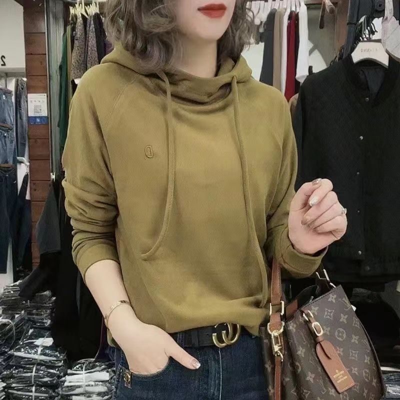 

Весна Осень Новая Мода Однотонные Футболки с Длинным Рукавом Женская Одежда Толстовка Повседневная С Капюшоном Простота Тонкий Шик Корейские Топы 3XL бежевый