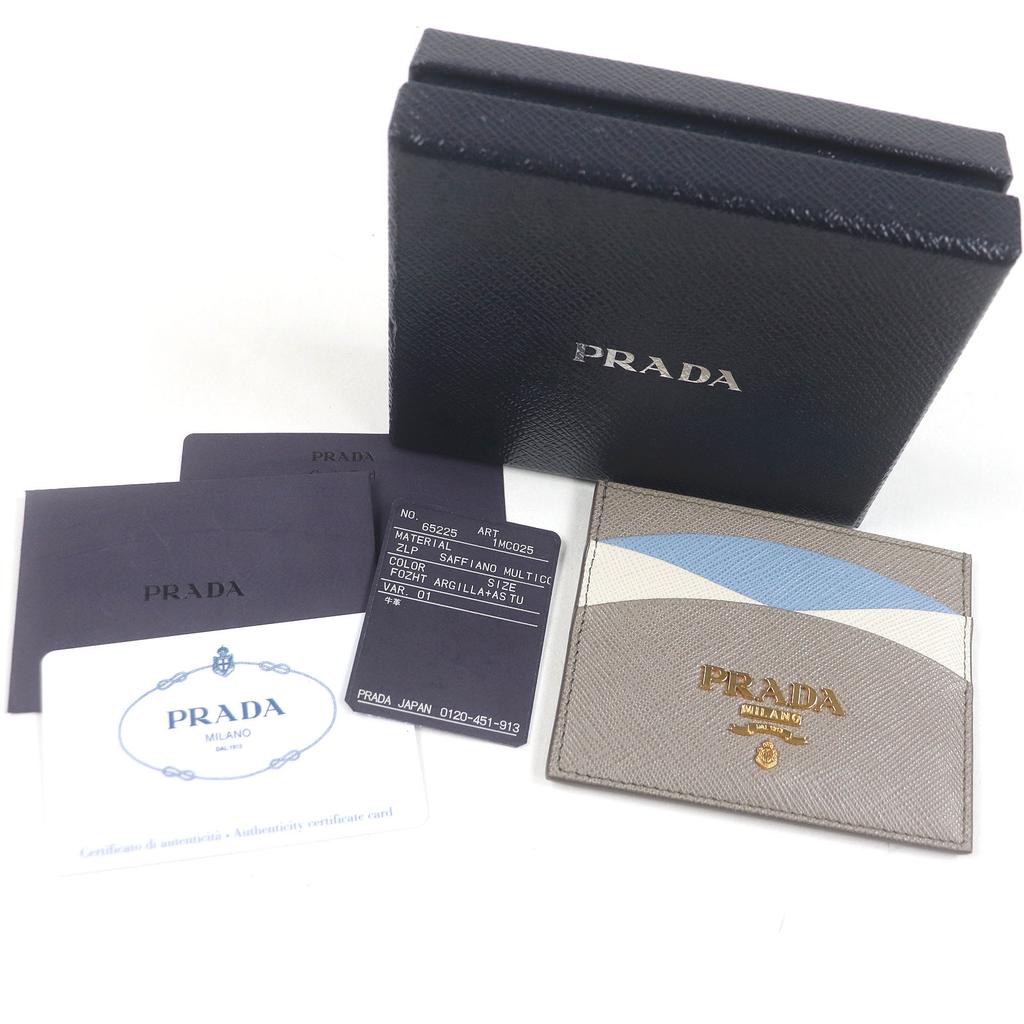 Excellent PRADA Card Case Metal Logo Pass Case/business Card Holder Beige Safiano Leather Used