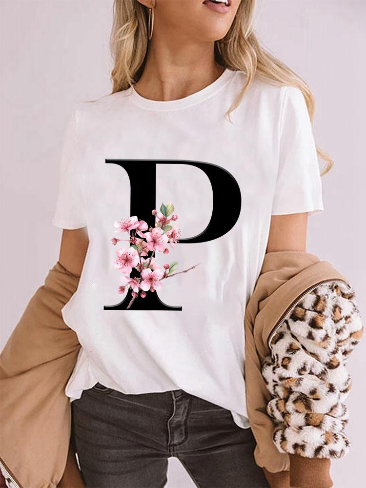 Elegant Cherry Blossom Initial Az Tshirt Unisex Crewneck Floral Letter Graphic Girls Y2k Tops Fashion Mama Birthday Gift Tshirt