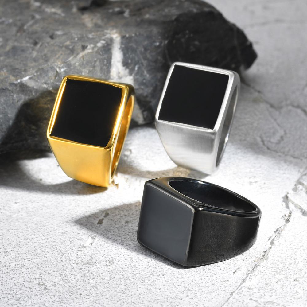 Vnox Anello Sigillo Quadrato con Top Smaltato da 14 mm per Uomini Ragazzi, Acciaio Inossidabile Nero con Timbro Superiore Smaltato, Anello Maschile Semplice Punk