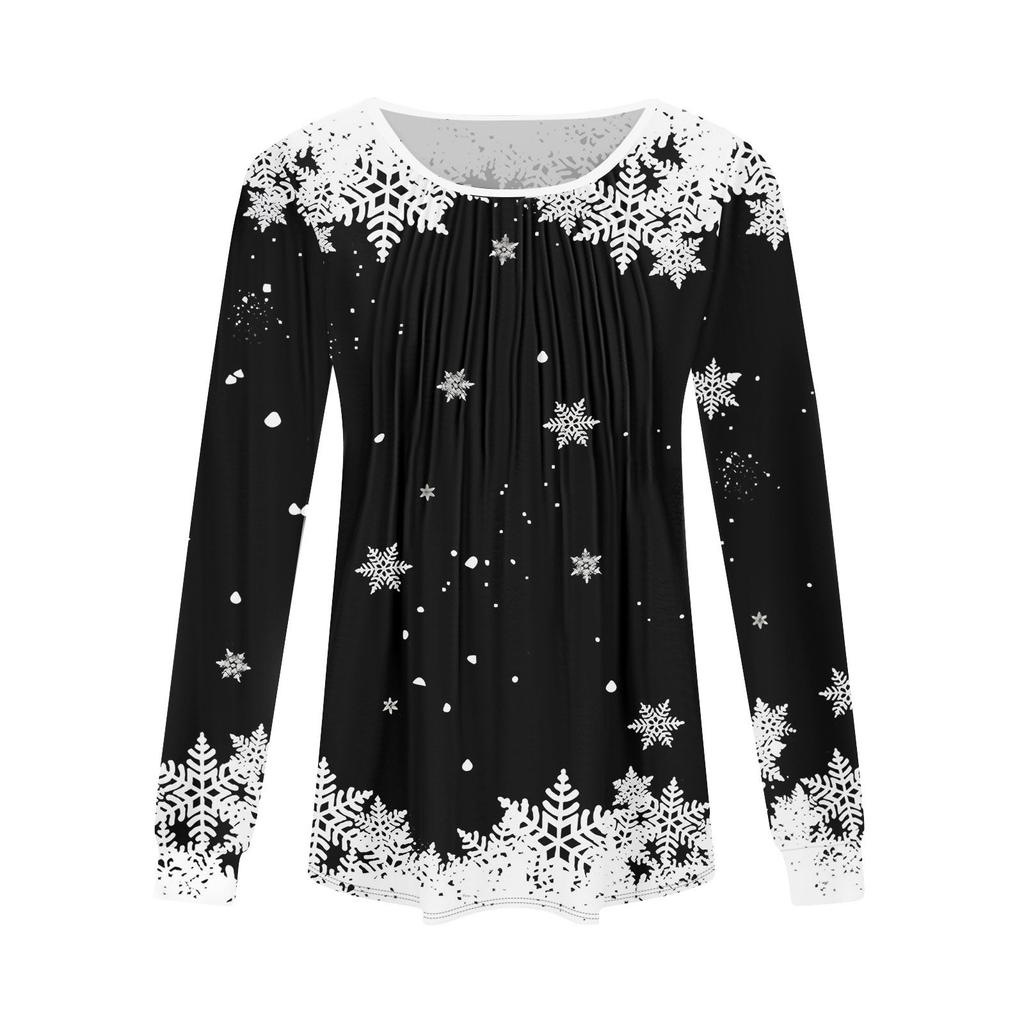 Košile s dlouhým rukávem pro ženy topy Oblečené vánoční potisk Ležérní halenky Skládaný tunika s nabíraným výstřihem