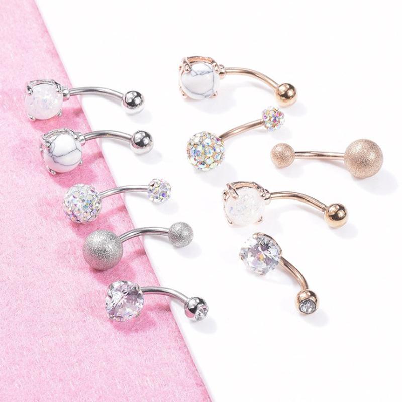 5Pcs/Set Women Navel Button Rings Rose Gold Medical Steel Rhinestone