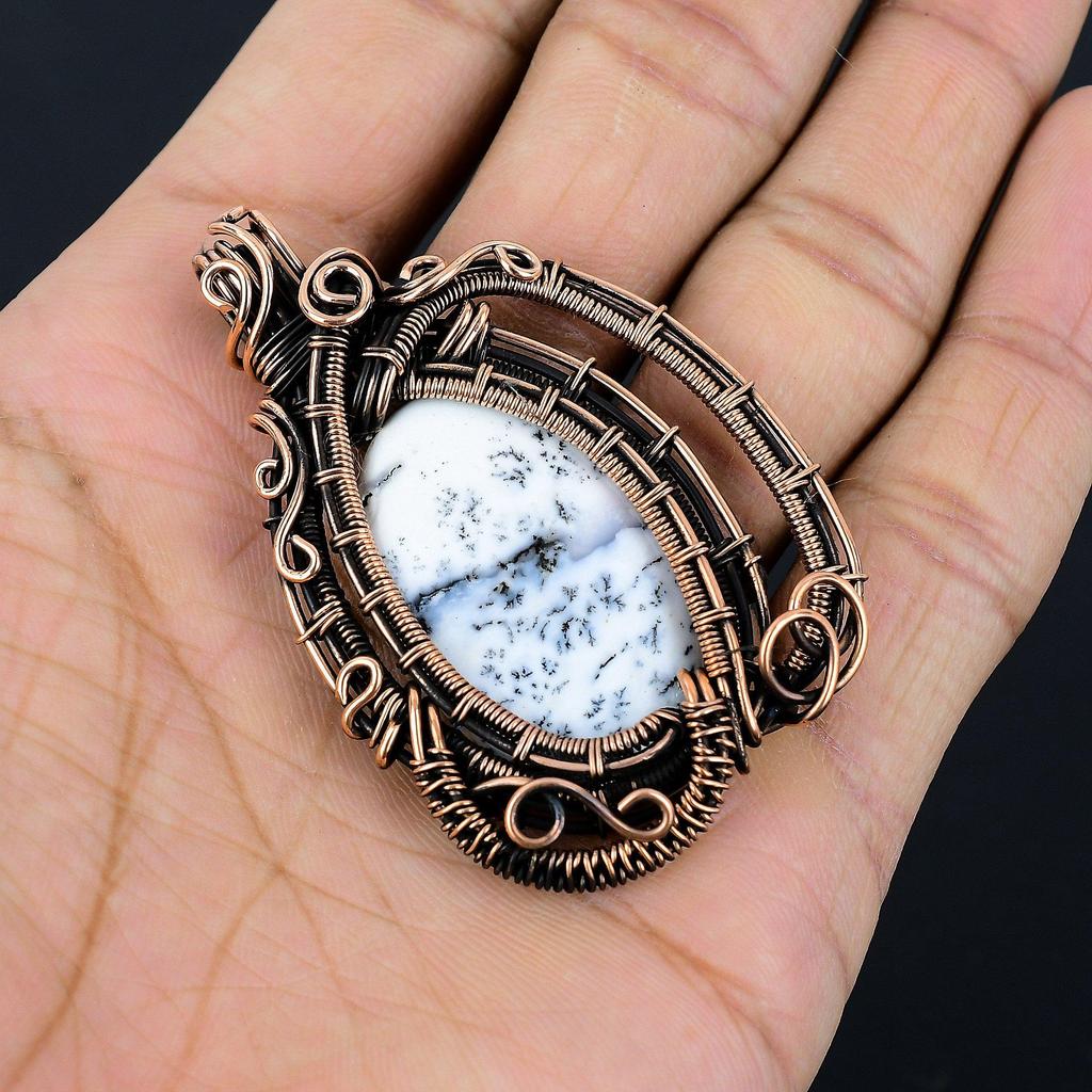 Dendritenopal 999 Kupferdraht gewickelter Anhänger, Handgefertigter Edelstein-Schmuckanhänger Geschenk zum Geburtstag