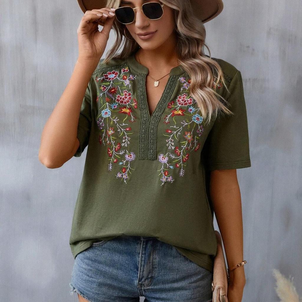 Summer V-neck T-shirt Fashion Embroidery Stitching Lace Blouse Women