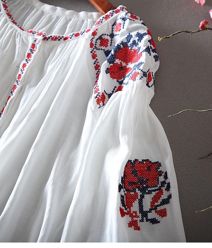 Ethnic Style Embroidered Lantern Sleeve Plus Size Cotton Linen Shirt