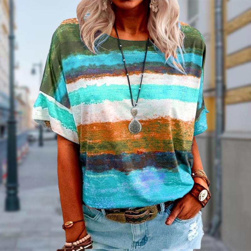 Damski Letni T-shirt Trend Paski Nadruk Retro Moda Krótki Rękaw T-shirty Casual Nadrukowane Topy
