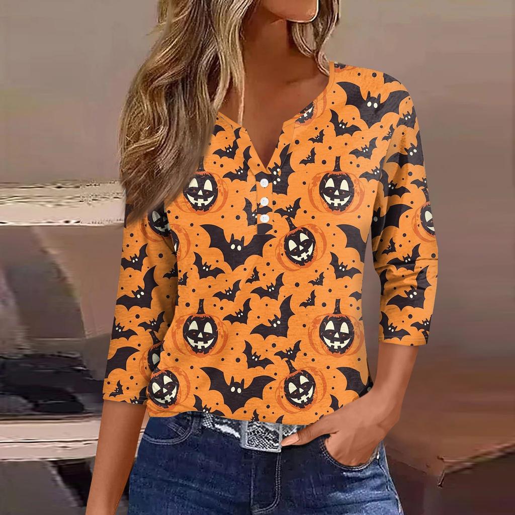 Women's Fashion Casual Halloween Printed V-Neck Short Sleeve Decorative Button Three-quarter Sleeve T-Shirt Top