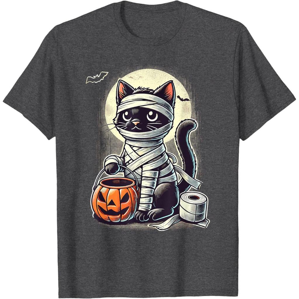 Mummy Black Cat Halloween Graphic Tee Cute Cartoon Kitten Trick Or Treat T-Shirt
