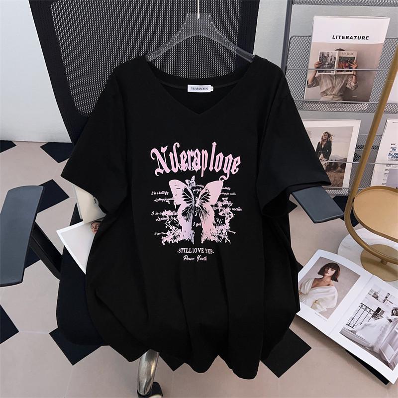 Plus Size Loose Mid-Length V-Neck Short-Sleeve T-Shirt for Women (200/300/350 Jin)