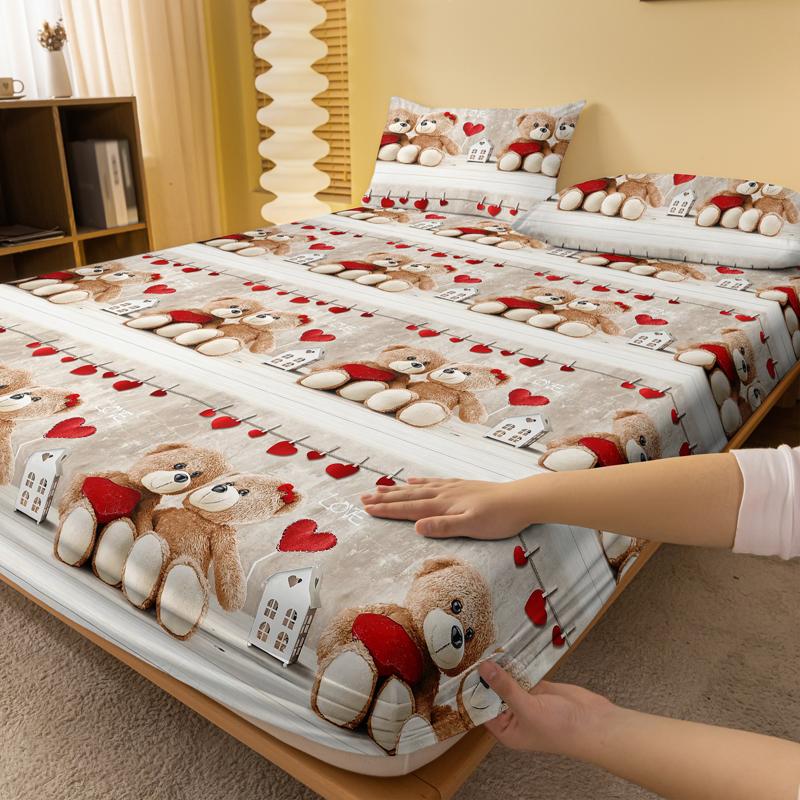 1 Cartoon Fun Heart-Shaped  Printed Matte Fitted Sheet, Bedroom Printed Bed Cover, Bedding (Excluding Pillowcases)