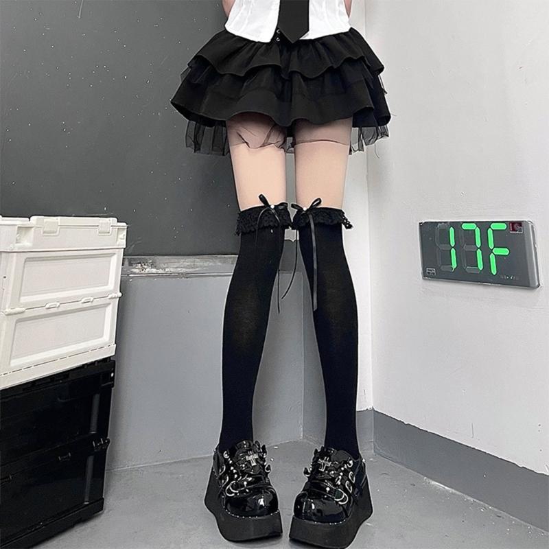 Cute Lace Ruffle Trim Frilly Over The Knee Long Socks for Women JK Girl Student Sweet Ribbon Bowknot Thigh High Stocking