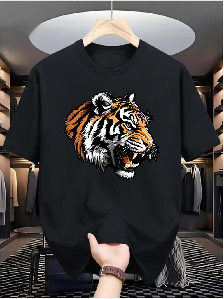 European size Tiger Print Men's Casual Digital Print T-Shirt, Round Neck, Short Sleeve, Street Hip-Hop Style, Summer European American Fashion Trend