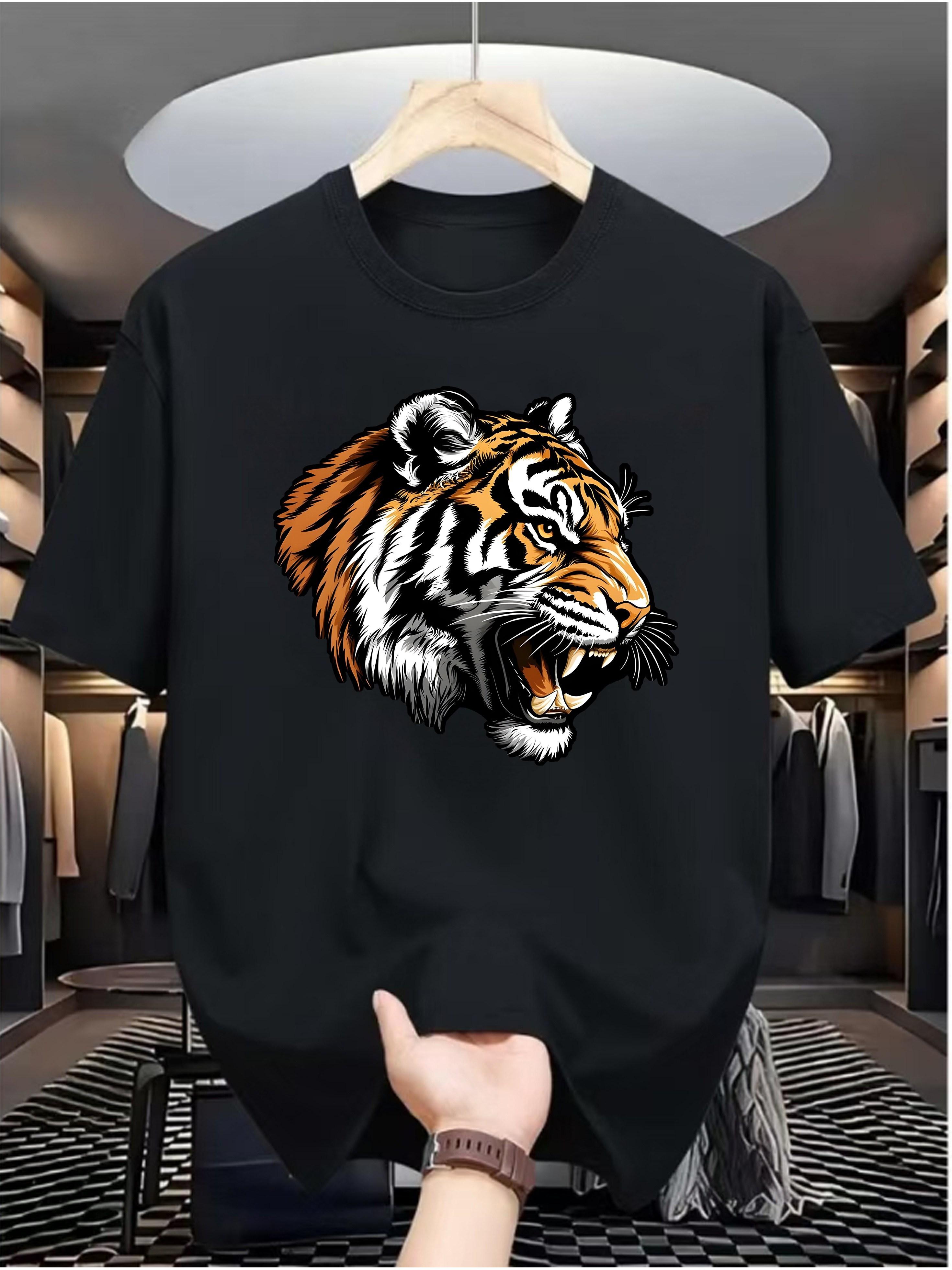 

European size Tiger Print Men s Casual Digital Print T-Shirt, Round Neck, Short Sleeve, Street Hip-Hop Style, Summer European American Fashion Trend 4XL чорний