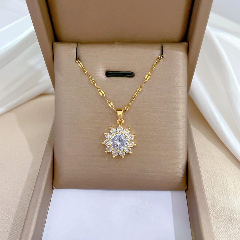 316L Stainless Steel Luxury Zircon Flower Pendant Necklace For Women Girl New Trend Clavicle Chain Jewelry Lady Gift