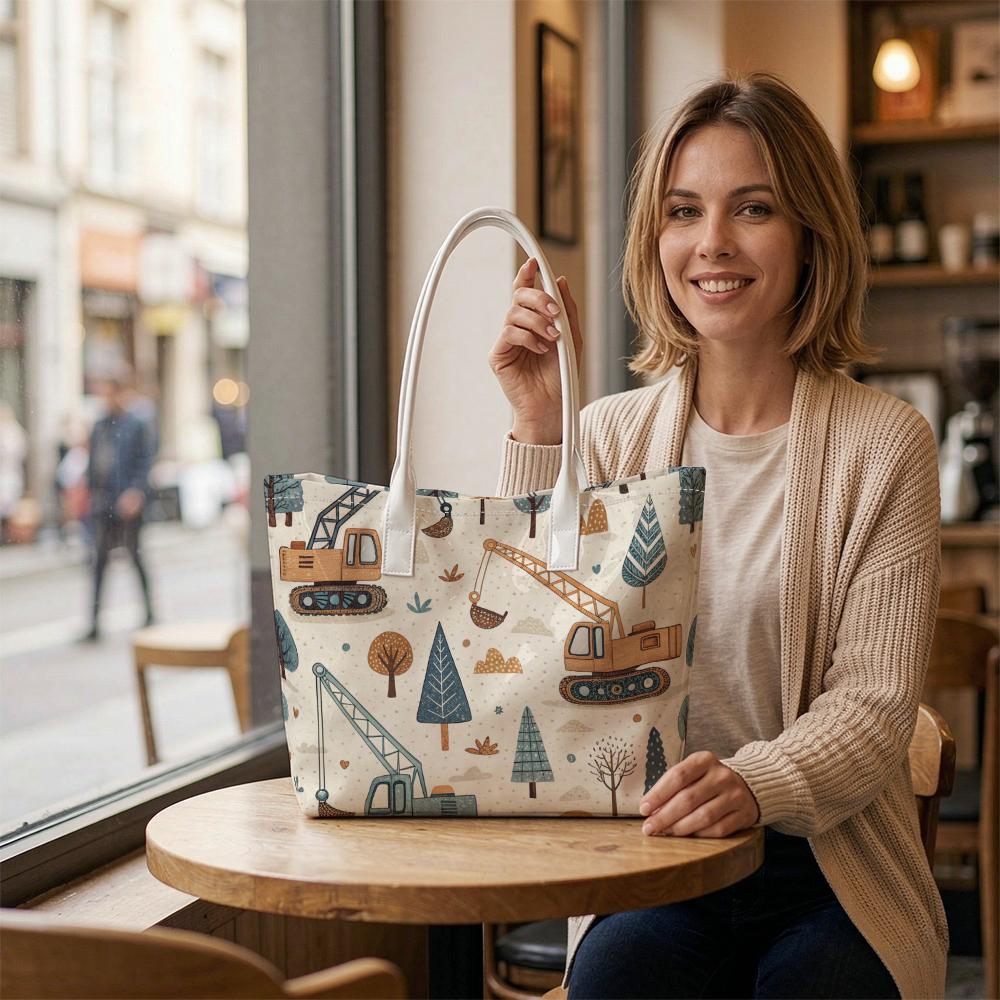 Cute Excavator Print Tote Bag Casual Lightweight Outdoor Carry Shoulder Bag for Daily Use