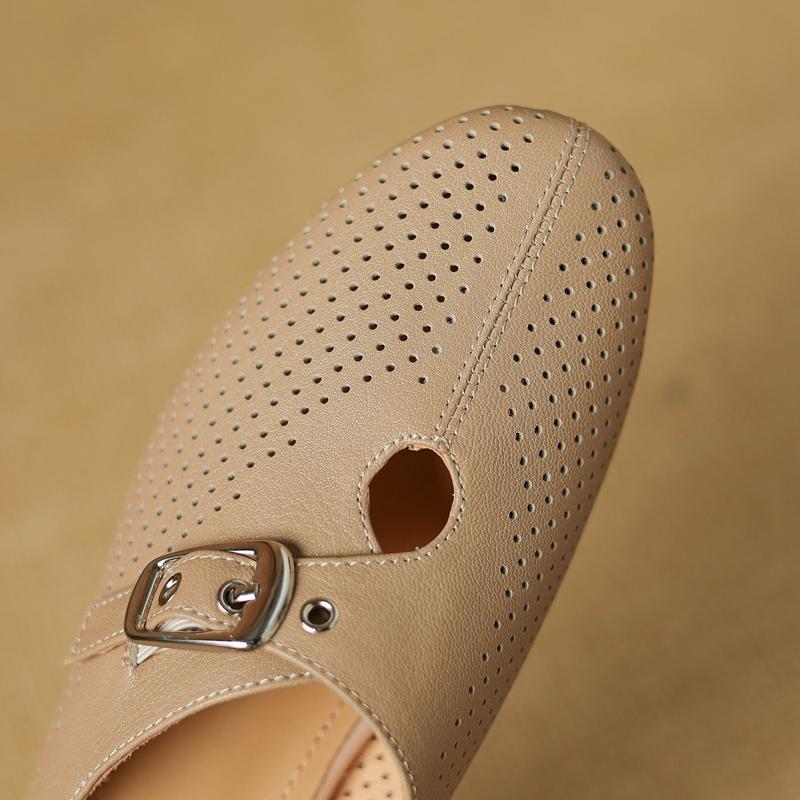 Fashion Women's New Genuine Leather Sheepskin Hollow Hole Metal Belt Buckle, Mid Heel Large Toe, Breathable M Ü Ller Slippers