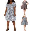 Women Dress Round Neck Short Sleeve Pleated Detail Short Dress Floral Print
