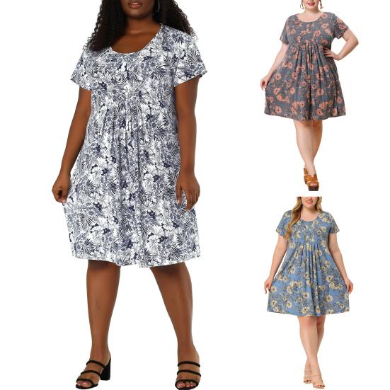 Women Dress Round Neck Short Sleeve Pleated Detail Short Dress Floral Print