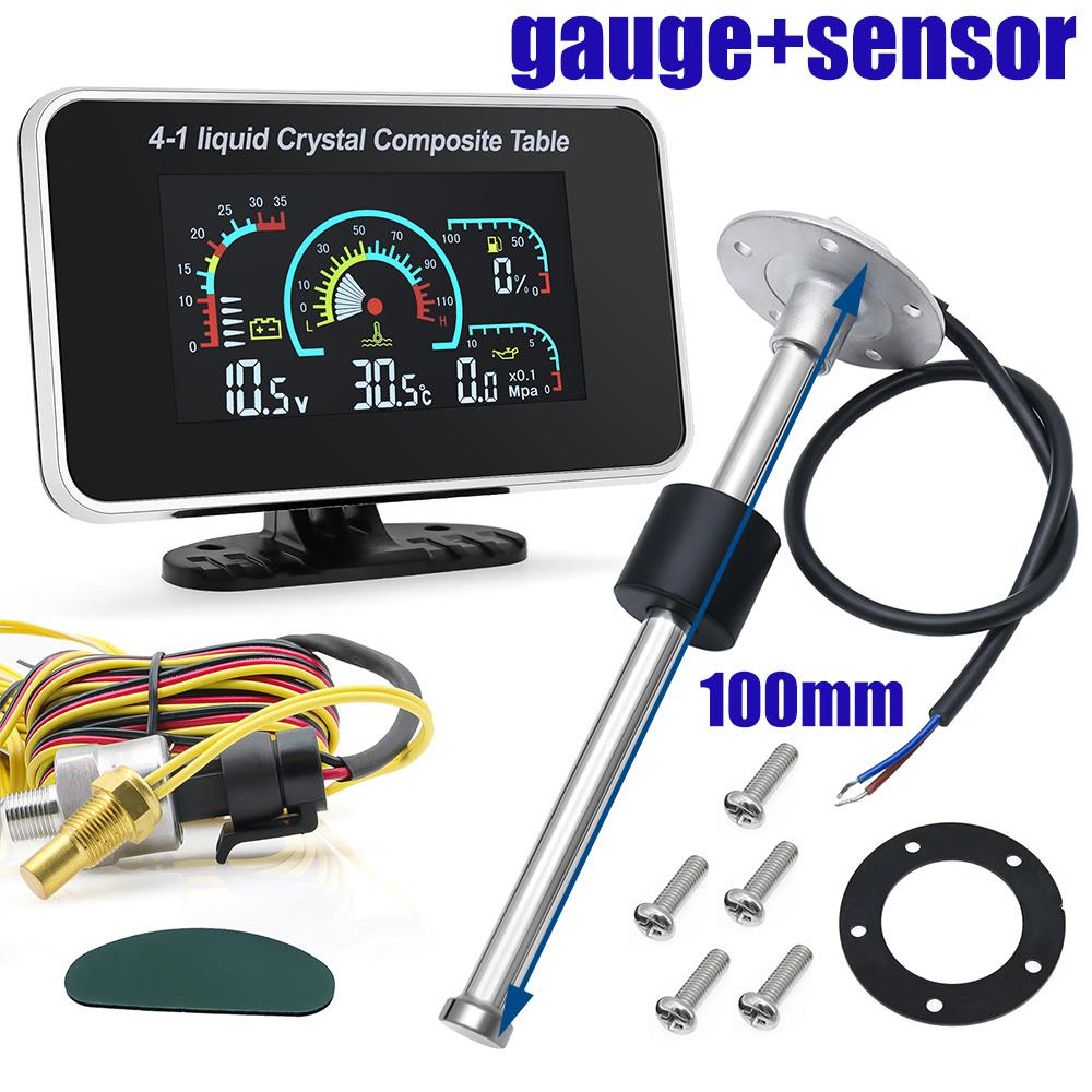 

4 в 1 Автомобильный ЖК-цифровой датчик Указатель уровня топлива + Датчик уровня топлива Датчик температуры воды Давление масла Напряжение Давление масла 12В24В